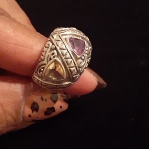 .925 Sterling Silver Tri color stoned ring